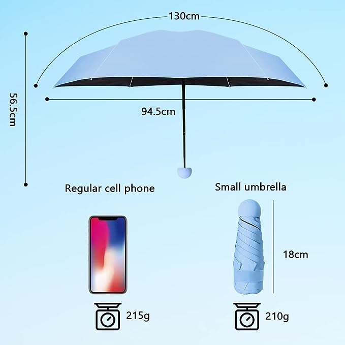 Sky Blue Compact Travel Foldable Pocket Umbrella 5 Ribs Round Handle Anti-UV Lightweight