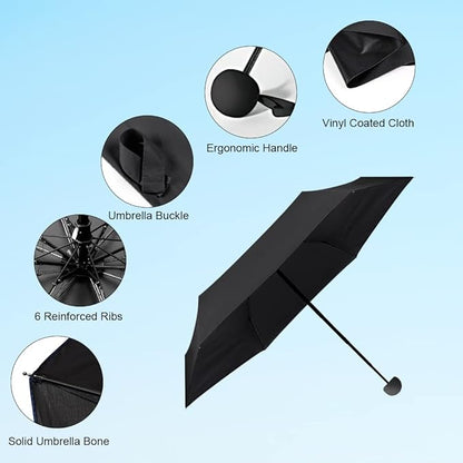 Black Colour Compact Travel Foldable Pocket Umbrella 5 Ribs Round Handle Anti-UV Lightweight