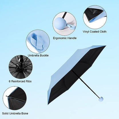 Sky Blue Compact Travel Foldable Pocket Umbrella 5 Ribs Round Handle Anti-UV Lightweight