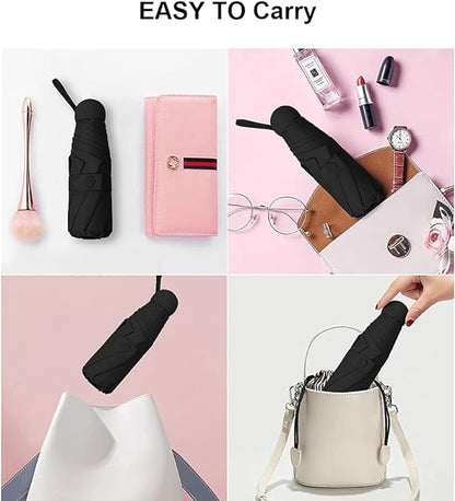 Black Colour Compact Travel Foldable Pocket Umbrella 5 Ribs Round Handle Anti-UV Lightweight