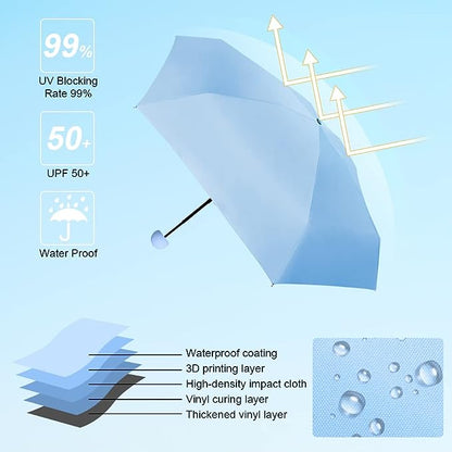 Sky Blue Compact Travel Foldable Pocket Umbrella 5 Ribs Round Handle Anti-UV Lightweight