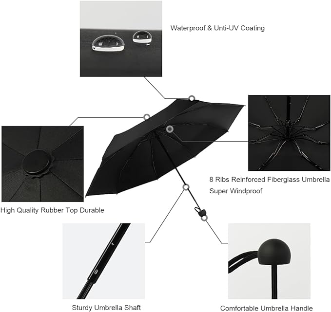 Black Colour Compact Travel Foldable Pocket Umbrella 5 Ribs Round Handle Anti-UV Lightweight