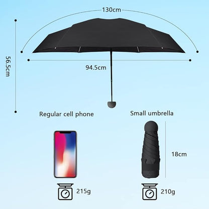 Black Colour Compact Travel Foldable Pocket Umbrella 5 Ribs Round Handle Anti-UV Lightweight